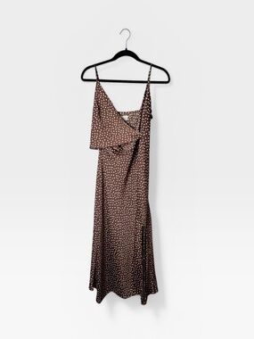 Urban Outfitters Kelly Brown White Polka Dot Surplice Midi Slip Dress (K)